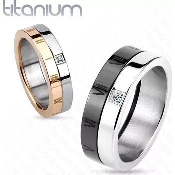 Prsten Prsten z titanu, černá a stříbrná barva, římské číslice, zirkon, 7 mm - Velikost: 64
