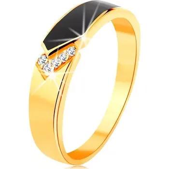 Prsten Prsten ze žlutého 14K zlata - černý glazovaný pás se špičkou, čiré zirkonky - Velikost: 49