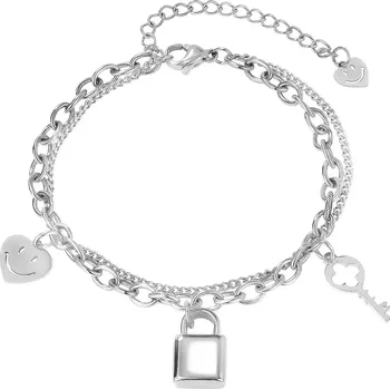 Náramek Ocelový náramek ve stříbrné barvě - srdce s usměvavým obličejem, kladka a klíč, dvojitý řetízek