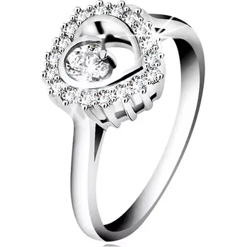 Prsten Prsten ze stříbra 925, rhodiovaný, čirý obrys srdce s kulatým zirkonem uvnitř - Velikost: 59