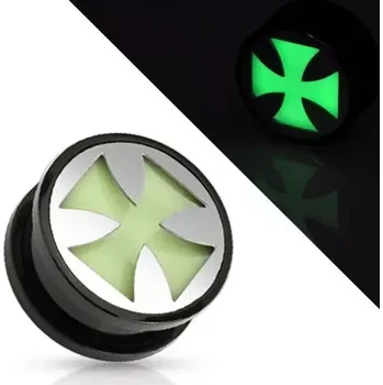 Piercing Černý tunel plug do ucha z akrylu, maltézský kříž svítící ve tmě - Tloušťka : 25 mm