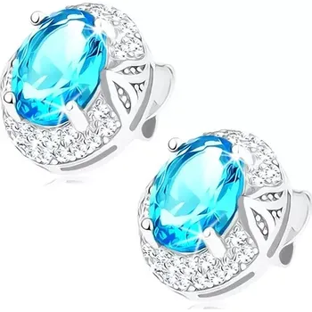 Náušnice Rhodiované náušnice, stříbro 925, světle modrý oválný zirkon v ozdobném lemu