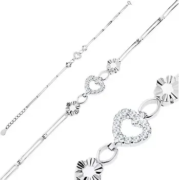 Náramek Náramek ze stříbra 925, lesklé podlouhlé články, kontury květů a srdce