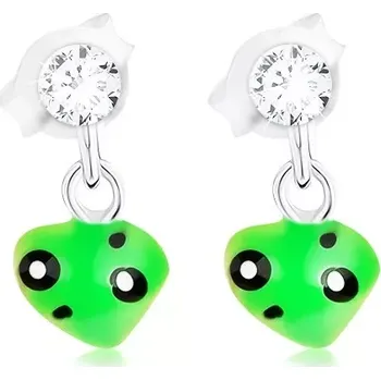 Náušnice Puzetové náušnice s asymetrickým zeleným srdíčkem, stříbro 925