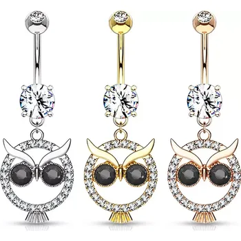 Piercing Piercing do pupíku z chirurgické oceli, přívěsek sovička, krystaly, rhodiované - Barva: Zlatá