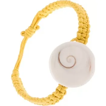 Náramek Šňůrkový řemínek žluté barvy, okrouhlá imitace lastury