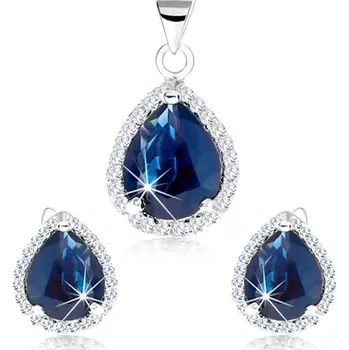 Souprava šperků Stříbrná 925 sada, přívěsek a náušnice, modrý zirkon - kapka, čirý lem