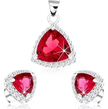 Souprava šperků Stříbrný set 925, přívěsek a náušnice, červený zirkonový trojúhelník, čirý okraj