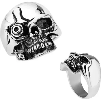Prsten Ocelový prsten, stříbrná barva, lesklá patinovaná lebka ve stylu Terminátora - Velikost: 57