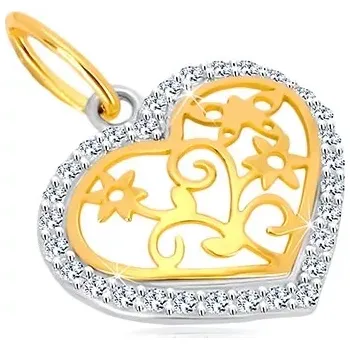 Přívěsek Přívěsek ve 14K zlatě - kontura srdce se zirkony, ozdobně vyřezávaný střed