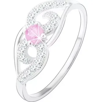 Prsten Stříbrný prsten 925, asymetricky zatočené linie, světle růžový kulatý zirkon - Velikost: 59