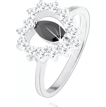 Prsten Stříbrný prsten 925, černý zirkon - zrnko, srdcovitý obrys, čiré zirkony - Velikost: 49