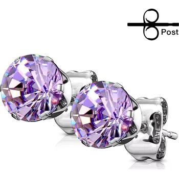 Náušnice Náušnice z chirurgické oceli - puzetky s blýskavým fialovým zirkonem - Velikost zirkonu: 4 mm