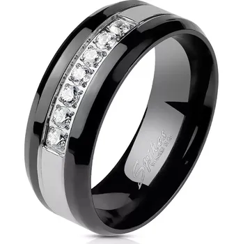 Prsten Ocelový prsten v černo-stříbrném odstínu - pás z čirých zirkonů, 8 mm - Velikost: 67