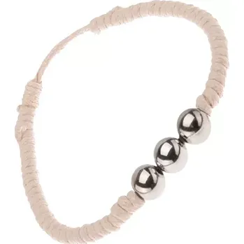 Náramek Béžový šňůrkový náramek se třemi kuličkami stříbrné barvy