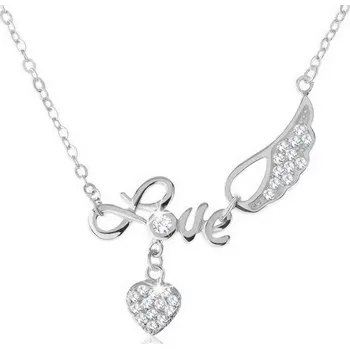 Náhrdelník Stříbrný náhrdelník 925, nápis "Love", andělské křídlo, srdce