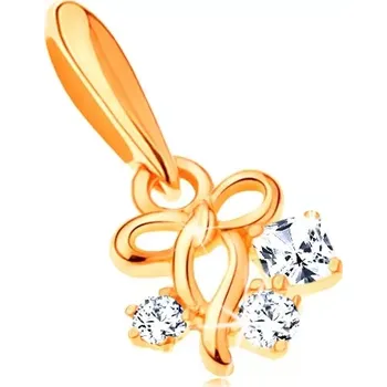 Přívěsek Přívěsek ve žlutém 14K zlatě - tenká lesklá mašlička a tři zirkony čiré barvy