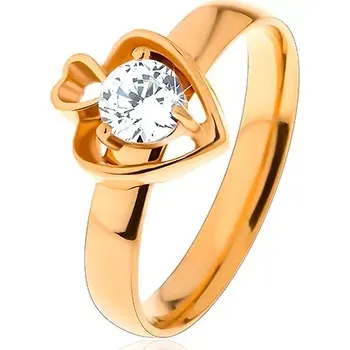 Prsten Ocelový prsten zlaté barvy, dva obrysy srdcí a kulatý čirý zirkon - Velikost: 54