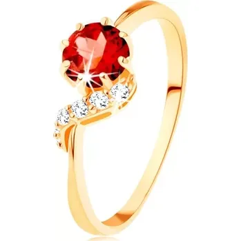 Prsten Zlatý prsten 585 - kulatý granát červené barvy, blýskavá vlnka - Velikost: 57