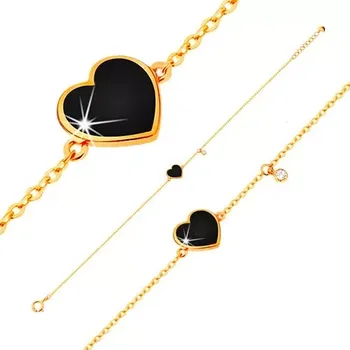 Náramek Zlatý 14K náramek - černé glazované srdce a čirý zirkonek, tenký řetízek