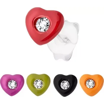 Náušnice Stříbrné náušnice 925, srdíčko zdobené barevnou glazurou, čirý zirkonek - Barva: Oranžová