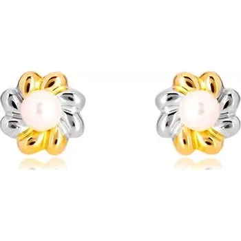 Náušnice Náušnice v kombinovaném zlatě 585 - dvoubarevný květ s perlou uprostřed