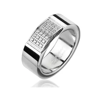 Prsten Ocelový prsten - obdélník vykládaný drobnými zirkony - Velikost: 67