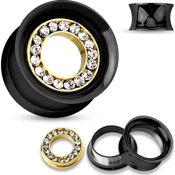 Piercing Sedlový tunel do ucha z oceli 316L černé barvy, čiré zirkony, zlatý lem - Tloušťka : 16 mm