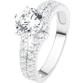 Prsten Zásnubní prsten ze stříbra 925 - velký čirý kamínek, rozdvojená zirkonová ramena - Velikost: 56
