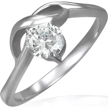 Prsten Zásnubní prsten s kulatým čirým zirkonem a jemnými vlnkami - Velikost: 51