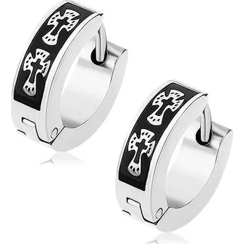 Náušnice Lesklé ocelové náušnice stříbrné barvy, černý pás, křížky