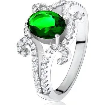 Prsten Prsten ze stříbra 925, oválný zelený kámen, zatočená zirkonová ramena - Velikost: 50
