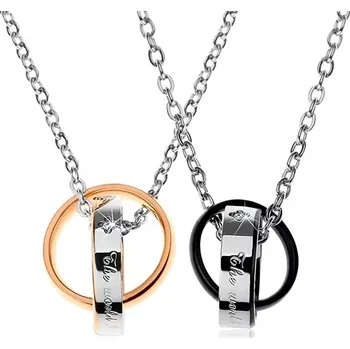 Náhrdelník Dva ocelové náhrdelníky, dvoubarevné propojené kroužky, nápisy, zirkony