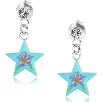 Náušnice Puzetové náušnice ze stříbra 925, lesklá modrá hvězda, barevný kvítek, krystal