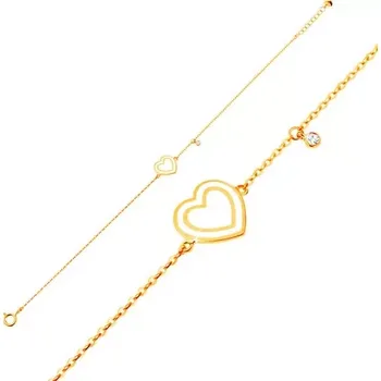 Náramek Náramek ve žlutém 14K zlatě, přívěsky - srdce s bílou glazurou, zirkon