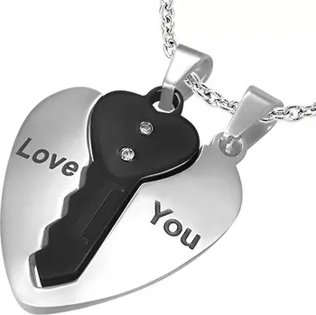 Přívěsek Ocelové přívěsky pro pár, srdce stříbrné barvy a černý klíček