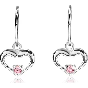 Náušnice Stříbrné náušnice 925 - visící srdce s růžovým zirkonem uprostřed