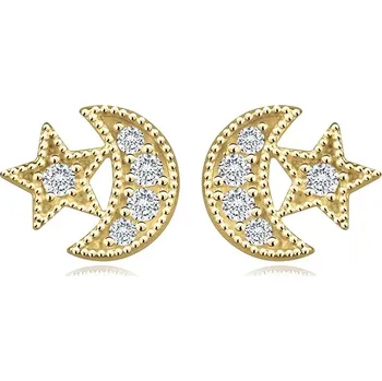 Náušnice Náušnice ze 14K žlutého zlata - spojená silueta měsíce a hvězd, kubické zirkony