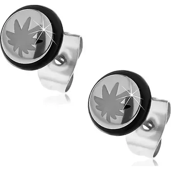 Náušnice Ocelové náušnice stříbrné barvy, kruh s černým listem marihuany