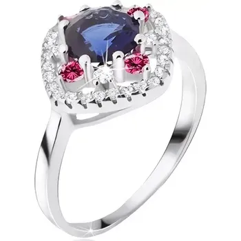 Prsten Prsten ze stříbra 925, modrý okrouhlý zirkon, čiré a růžové kamínky - Velikost: 57