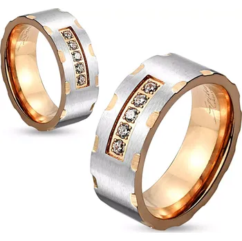 Prsten Dvoubarevný ocelový prsten, stříbrný a měděný odstín, zářezy, čiré zirkony, 6 mm - Velikost: 55