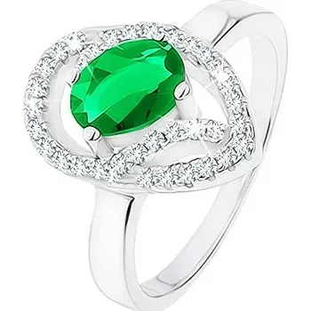 Prsten Prsten ze stříbra 925, oválný zelený zirkon, asymetrická kapka - obrys - Velikost: 57
