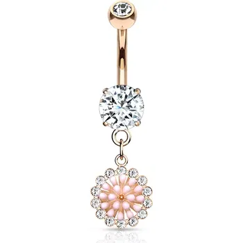 Piercing Piercing do pupíku z 316L oceli, rhodiovaný - velký kulatý zirkon, přívěsek ve tvaru květu - Barva: Měděná