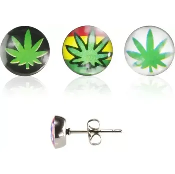 Náušnice Ocelové náušnice, puzetka, čirá glazura, lístek marihuany s různým pozadím - Barva: Černá