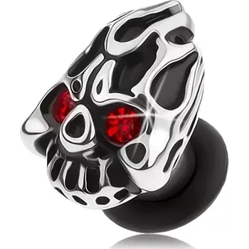 Piercing Ocelový plug do ucha stříbrné barvy, lebka s hořící hlavou, červené zirkony - Tloušťka : 8 mm