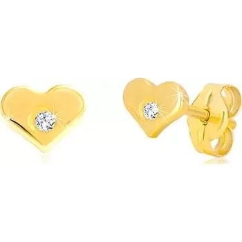 Náušnice Diamantové náušnice ze žlutého 14K zlata - lesklé srdíčko s briliantem