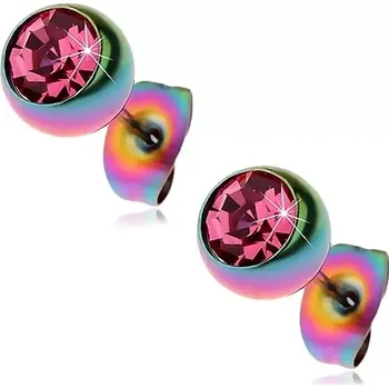 Náušnice Ocelové náušnice, duhové kuličky s růžovým zirkonem, 7 mm