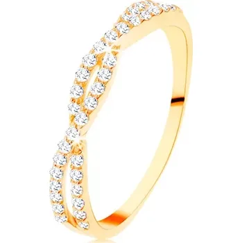 Prsten Prsten ve žlutém 14K zlatě - propletené zirkonové vlnky, drobné čiré zirkonky - Velikost: 49