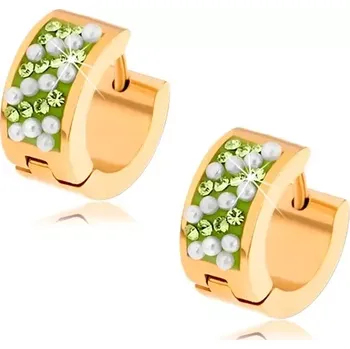 Náušnice Ocelové náušnice zlaté barvy, světle zelené kamínky, bílé kuličky