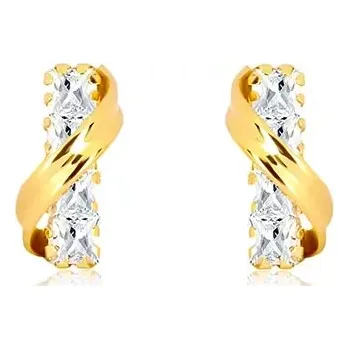 Náušnice Náušnice ve žlutém 14K zlatě - šikmý oblouk a rovný zirkonový proužek čiré barvy